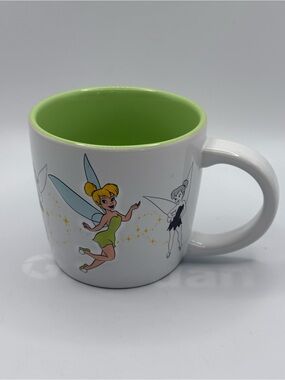 New Disney Tinker Bell Coffee Mug White Ceramic Green Interior Fairy Pixie Dust